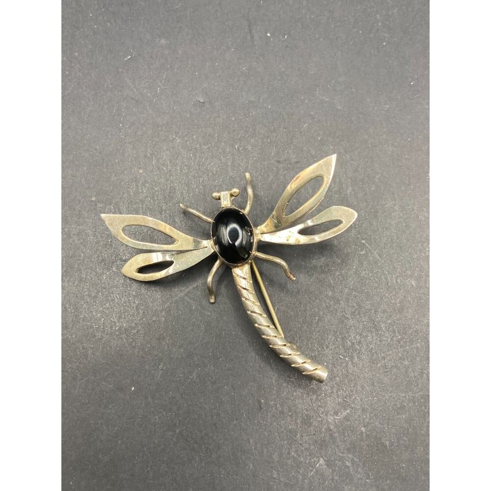 Vintage Taxco Mexico Sterling Silver 925 Black Onyx Dragon Fly Pin Brooch - Picture 4 of 11